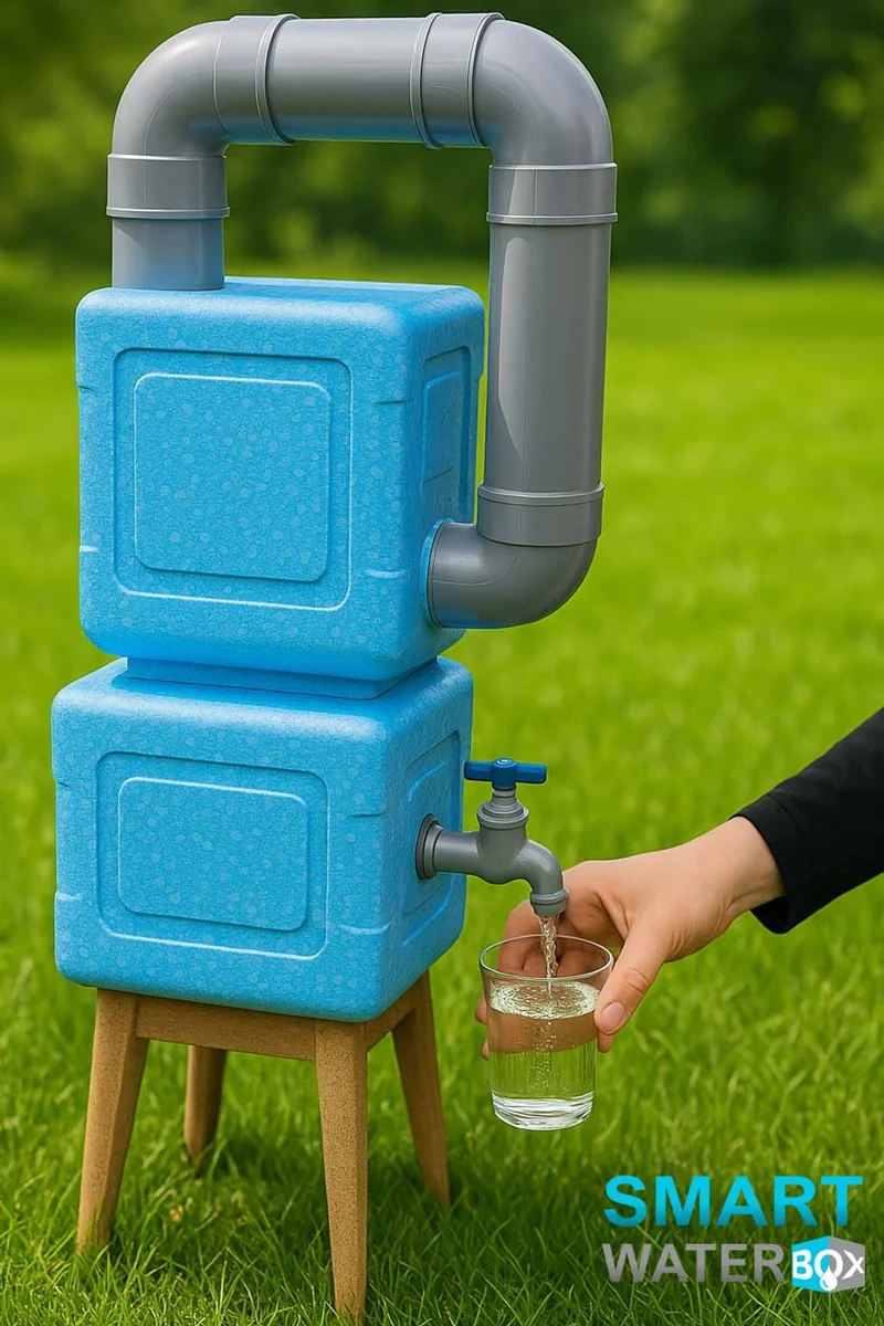 Supplied promotional image of a blue Smart Water Box concept device outdoors
